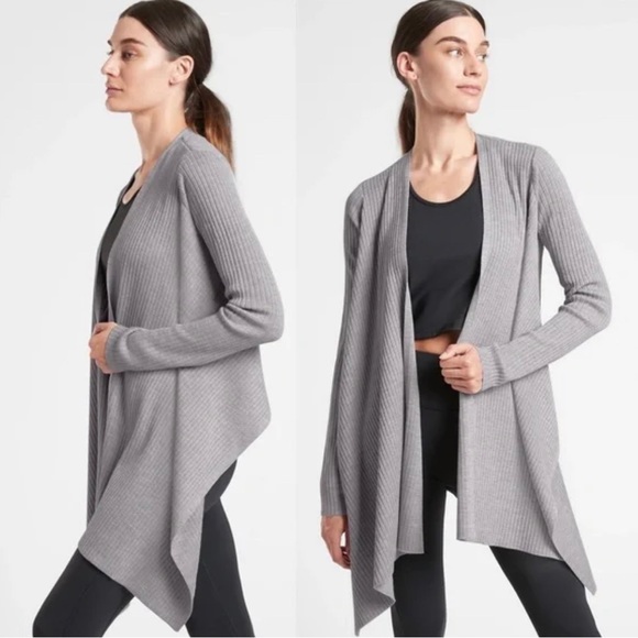 Athleta Sweaters - ATHLETA Solstice Wrap Sweater Merino Wool Blend, Ribbed Gray XXS